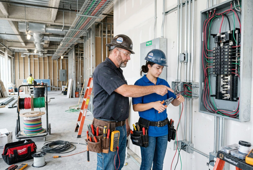 Auszubildende im Elektrohandwerk mit erfahrenem Kollegen